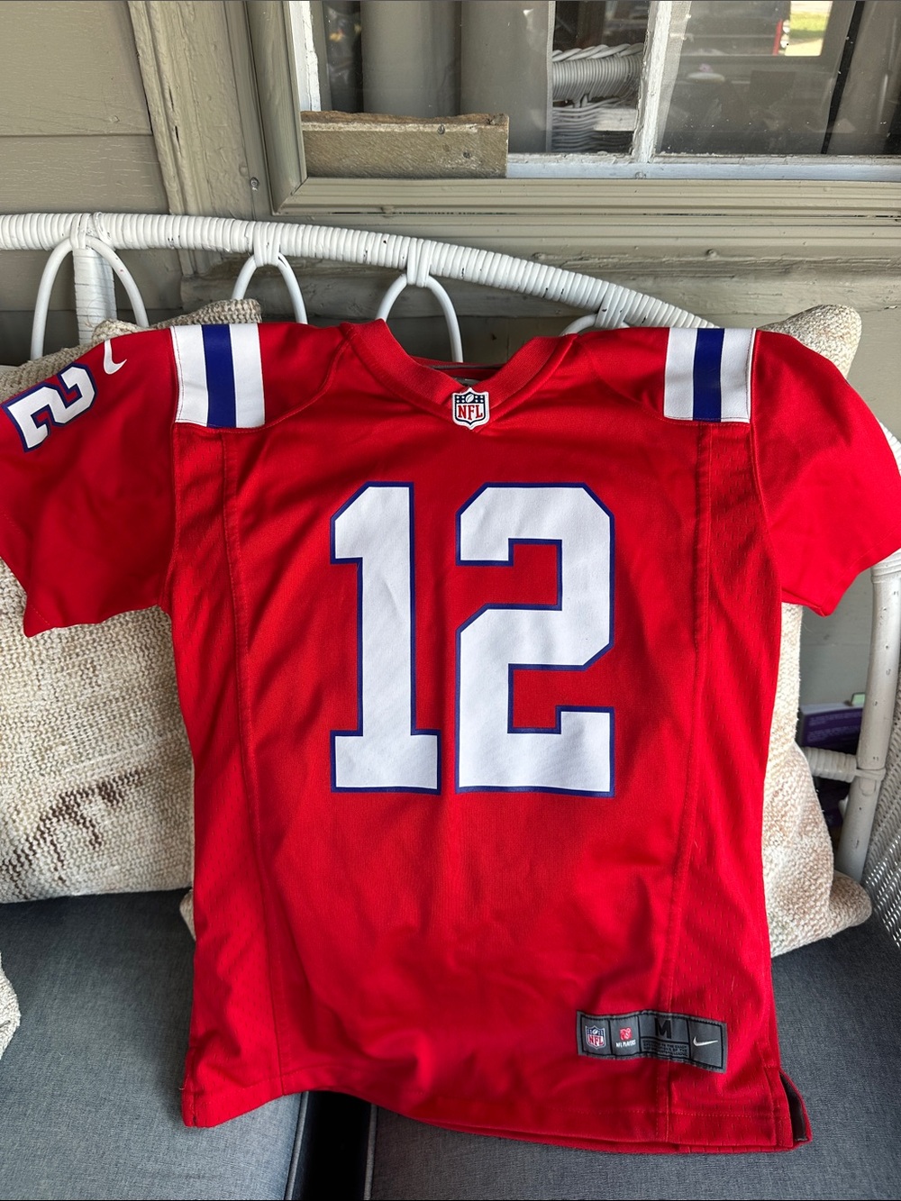 Nike Kids Red Football Jersey with White Number 12 and Blue Trim